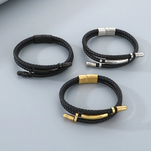 Three men's braided leather bracelets with black, silver, and gold stainless steel clasps