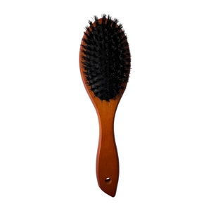 Brown lotus wood paddle hair brush with natural boar bristles and ergonomic solid handle