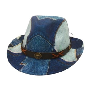 Retro denim patchwork fedora hat with brown leather band and metallic bull logo