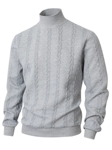 Detailed view of grey cable knit pattern on men's high neck sweater fabric