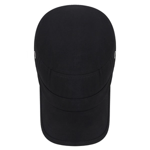 Black cotton canvas cadet cap with flat top and breathable side metal eyelets