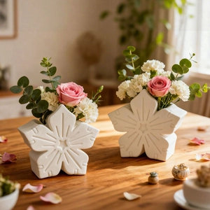 Detail of two white ceramic cherry blossom vases with flower arrangement on a wooden desk