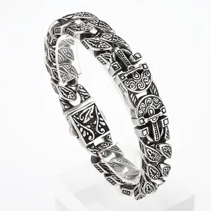 Bracciale Uomo Acciaio Inossidabile Vintage Punk Inciso Motivo Catena Pesante Stile Vichingo Gioielli Retro Regalo