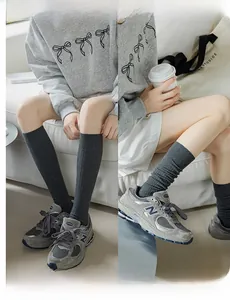 Detailed texture of dark grey ribbed knee-high socks with comfortable cotton knit fabric