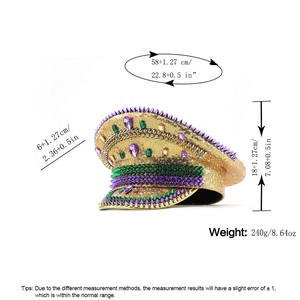 Detailed size chart showing dimensions of gold sequined captain hat with colorful jewels