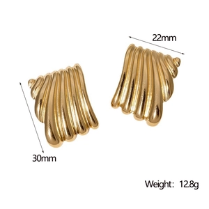 Detailed view of wave textured gold plated stainless steel earrings with size dimensions