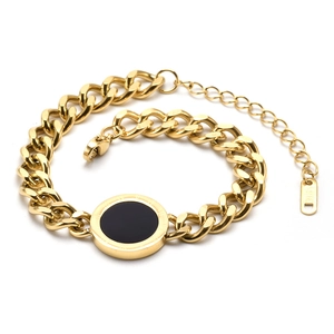 Golden stainless steel Cuban chain bracelet with black Roman numeral charm on white background