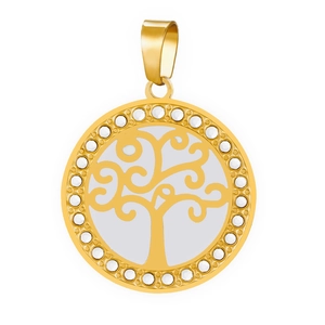 Macro detail of gold tree of life pendant featuring sparkling white crystal accents