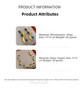 Detail view of gold wavy necklace and earrings set with blue rhinestones and dimensions