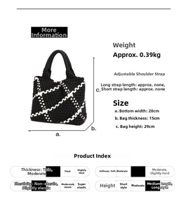 Detailed size chart showing woven tote bag dimensions: 28cm width, 29cm height, 15cm depth