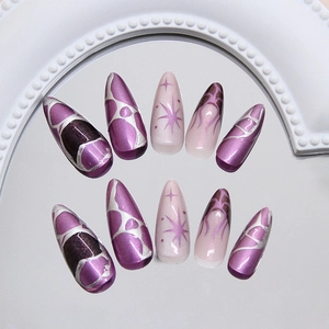 Irregular metal star and moon purple cat-eye press on nails with gradient flame design