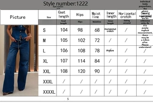 Size chart for sleeveless denim vest and wide leg pants set with measurements for S to XXL