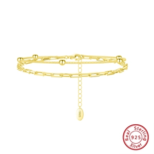 Double Layer Bracelet 925 Sterling Silver Geometric Paperclip Link Ball Beads Adjustable Minimalist Layered For Women
