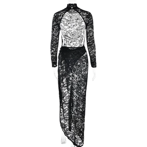 Detail of the backless sheer black lace dress featuring a high side slit design