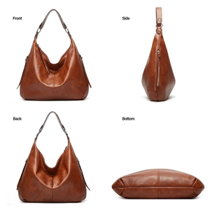 Four-way view of brown soft leather tote bag showing front, side, back and bottom