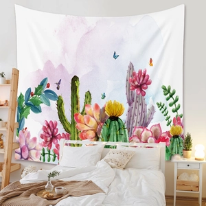 Detail of succulent and cactus tapestry with hummingbird and butterfly watercolor pattern