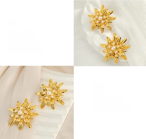 Detail of floral earrings with white pearls and polished gold finish in quad view