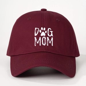 Fashionable burgundy DOG MOM baseball cap in cotton twill with white paw print embroidery