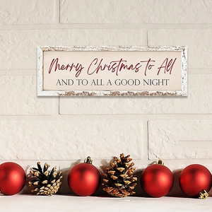 Christmas wooden plaque with red Merry Christmas text on white brick wall background