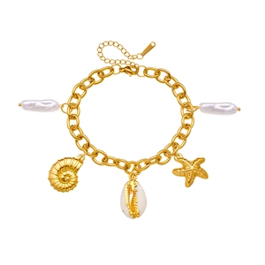Gold stainless steel ocean bracelet with starfish, seashell pendants and pearls