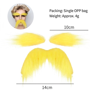 Detailed view of yellow fake beard and eyebrows with size measurements in centimeters