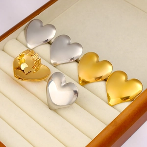 Minimalist heart stud earrings and gold leaf ring set in premium jewelry gift box