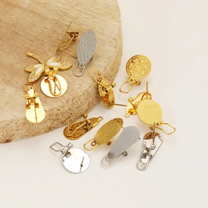 Golden and silver stainless steel earring clips with teardrop and dragonfly patterns