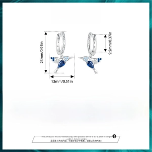 Detailed size specifications for 925 silver hummingbird hoop earrings with blue stones