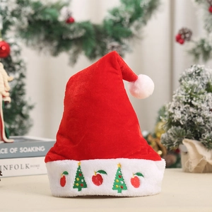 Thick red velvet Christmas hat with embroidered tree and apple on white plush trim