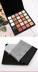 Detailed view of a 25-color eyeshadow palette with matte and shimmer neutral shades