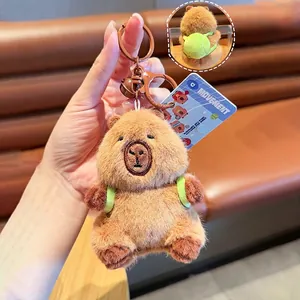 Detail of Capybara plush keychain with green tennis backpack and Movement tag