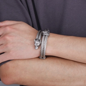 Punk wolf head wire cable cuff bracelet in antique silver stainless steel for men