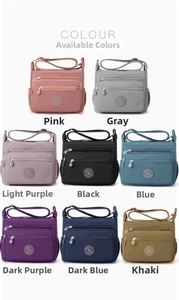 Matrix display of multi-pocket nylon crossbody bags in eight various colors on white background