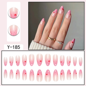 Pink gradient almond press-on nails with red heart patterns, 24 pieces set Y-185