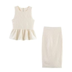 Haut À Basque Sans Manches Et Jupe Crayon Midi Jacquard Texturé Mélange De Coton Crème Élégant Bureau Streetwear