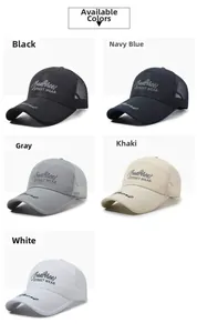 Detail view of five mesh baseball caps in various colors with high-quality embroidery