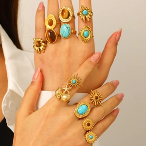 Vintage Bohemian Open Ring Stainless Steel 18K Gold Plated Turquoise Tiger Eye Adjustable Retro Jewelry For Women