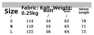 Size guide for wool blend lace knit sweater showing measurements for S, M, and L sizes
