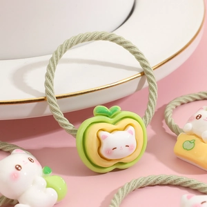 Green elastic hair ties with cute cartoon cat and apple resin charms for kids