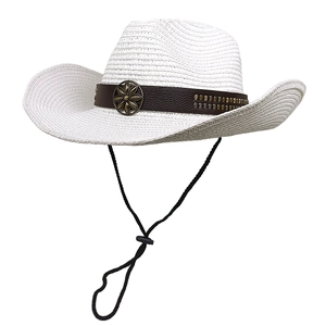 Detail of white straw cowboy hat featuring brown leather band with floral metal buckles
