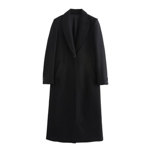 Classic black long wool coat with notched lapel and single button design for women