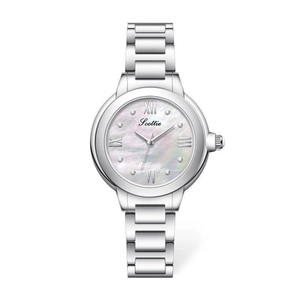 Montre élégante en acier argenté pour femme avec cadran en nacre et bracelet à maillons fins