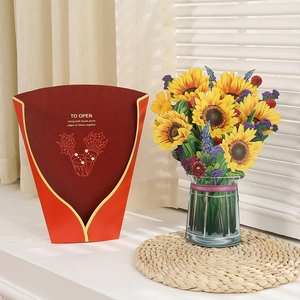 3D popup sunflower card with a red gift envelope and detailed opening instructions