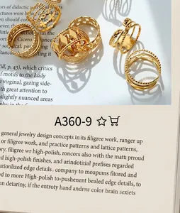 Close-up of a 6-piece gold alloy ring set featuring hollow rhombic and woven chain designs