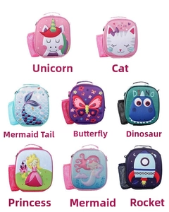 Detail of 3D embossed cartoon lunch bags with mesh side pocket for kids school water bottles