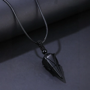 Polished black obsidian hexagonal prism pendant necklace with woven cord for men and women