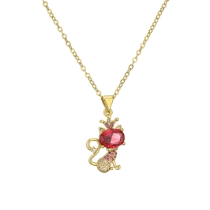 Collana a gatto minimalista dorata con ciondolo a corona e zircone ovale rosso centrale