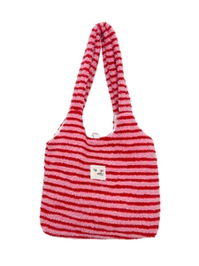 Pink and red striped plush tote bag with soft faux shearling texture and large capacity