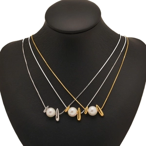 Stainless Steel Artificial Pearl Pendant Necklace Snake Bone Chain PVD Gold Plated Waterproof Hypoallergenic Elegant For Women