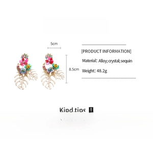 Detailed view of oversized floral leaf earrings with crystal accents and 8.5cm size specs